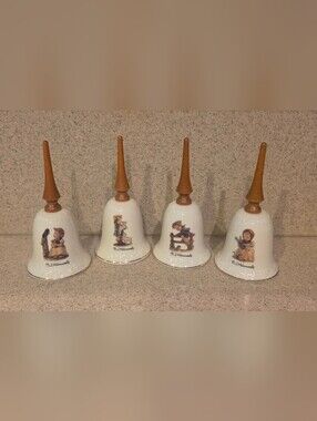 Hummel Porcelain Bells with Wood Handles - White, Brown, Gold Accents